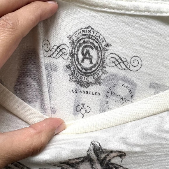 Christian Audigier Cream Bull Skull Wolf Embellished Graphic Tee - Picture 4 of 5